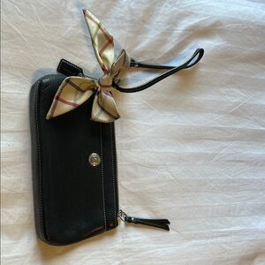 Coach Black Wristlet with Plaid Bow Accent